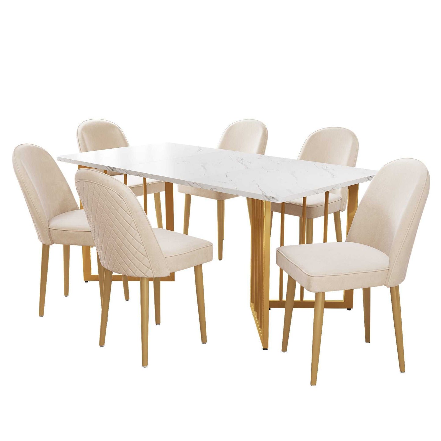 Set of 6 beige velvet dining chairs with gold metal legs and plush seating