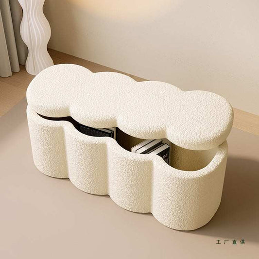 Creative storage sofa stool in beige fleece for living room with single seater design and compact dimensions