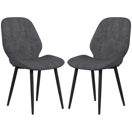 Set of 2 grey velvet dining chairs with metal legs and cushioned seats