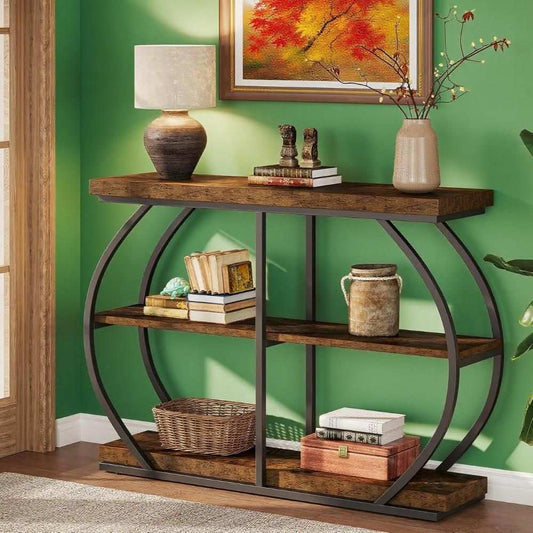 Rustic brown console table with 3-tier storage and metal frame for living room and kitchen