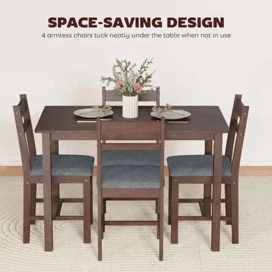 Five-piece farmhouse dining room table & chair set with solid rubberwood frames and linen-look upholstery