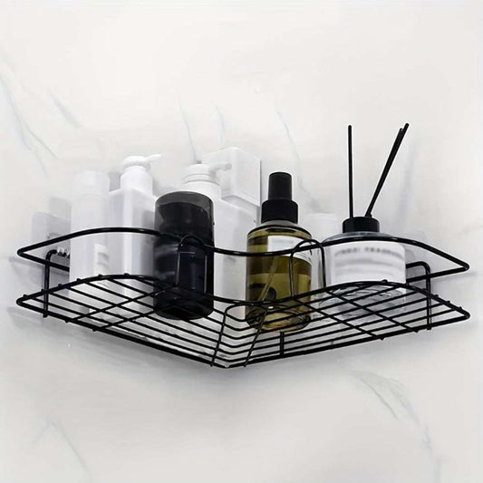 Wall-mounted triangle shower caddy rack in bathroom with no drilling installation