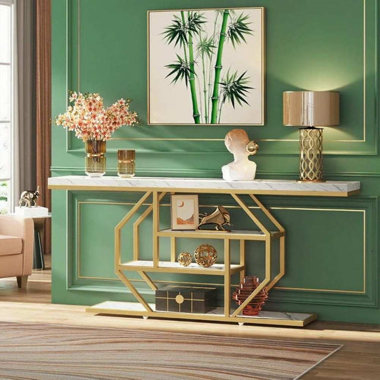 Faux marble console table with gold-finish frame in entryway setting