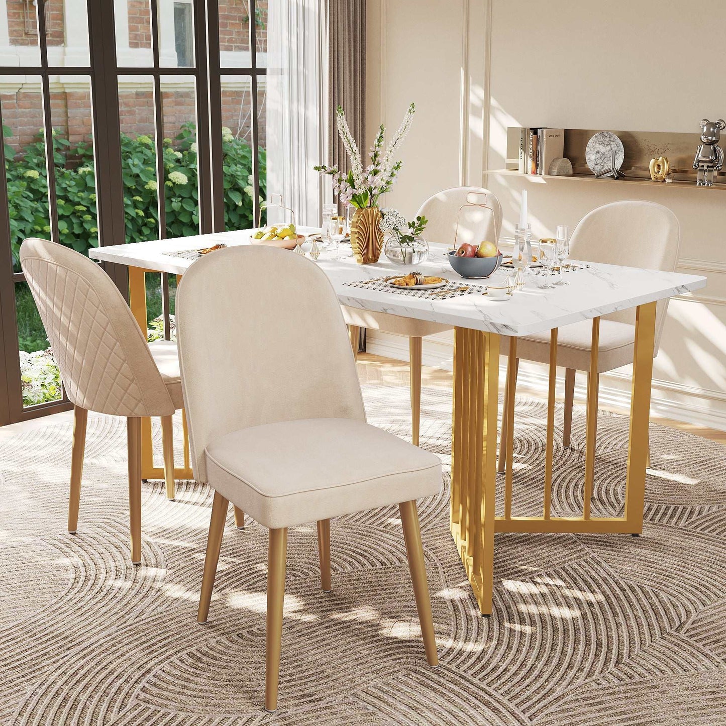 Set of 6 beige velvet dining chairs with gold metal legs in modern dining room setting
