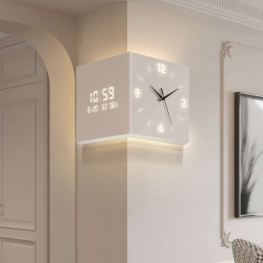 Modern wall-mounted corner clock in matte white for living room with digital display