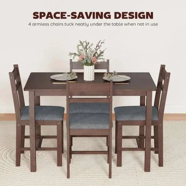 Five-piece dining room table and chair set with solid rubberwood frames and linen-look upholstery in farmhouse style
