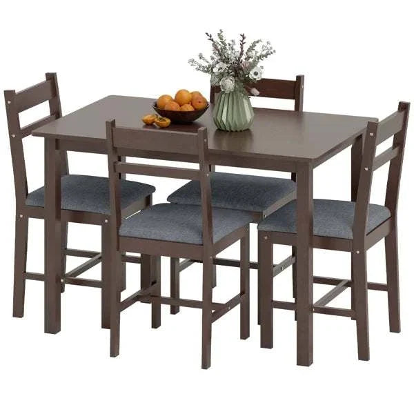 Farmhouse dining room table and chair set with solid rubberwood frames and linen-look upholstery