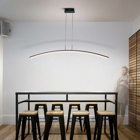 Modern LED dining room chandelier with long acrylic shade and iron frame in black and white