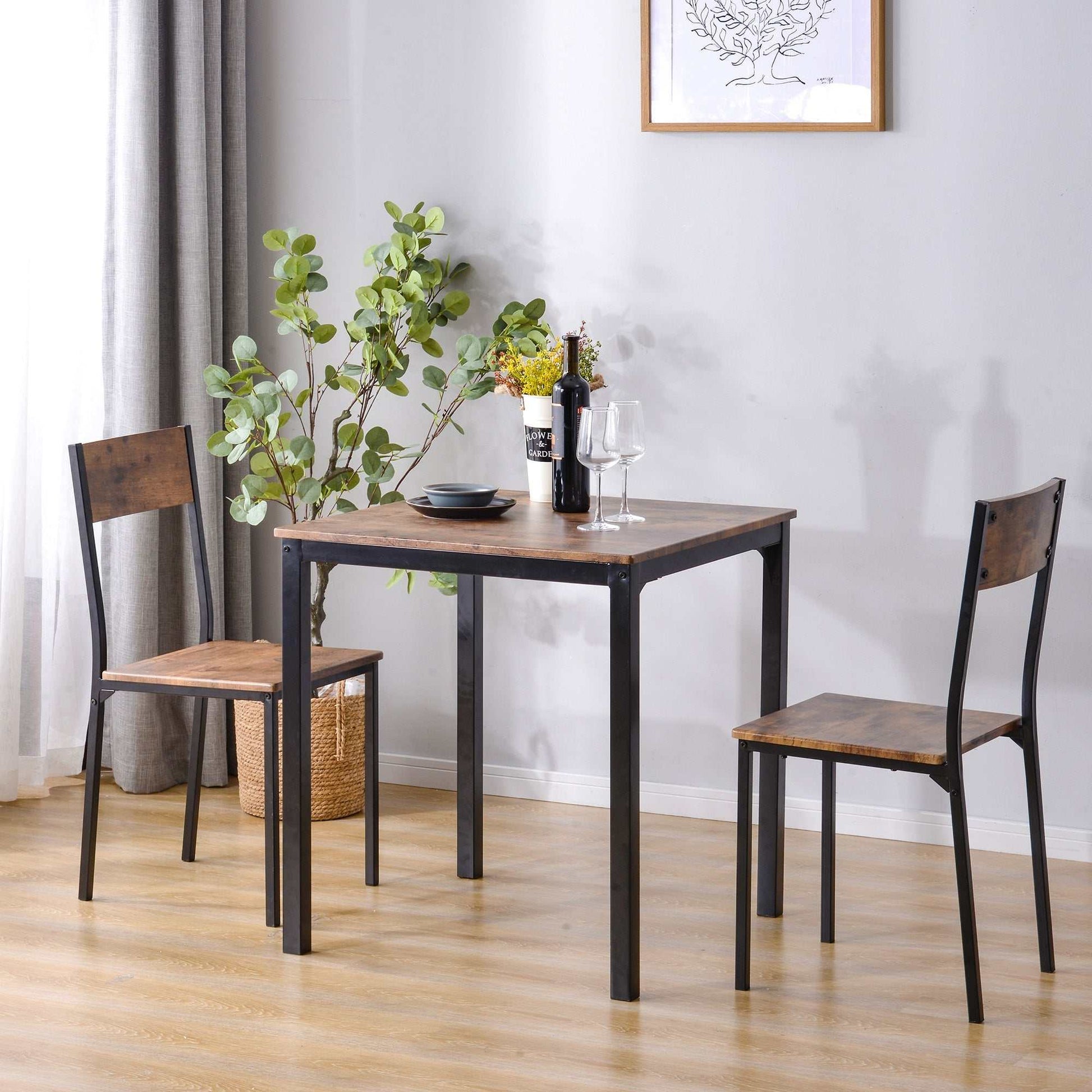 Vintage brown dining table set with two chairs in compact design and sturdy metal frame
