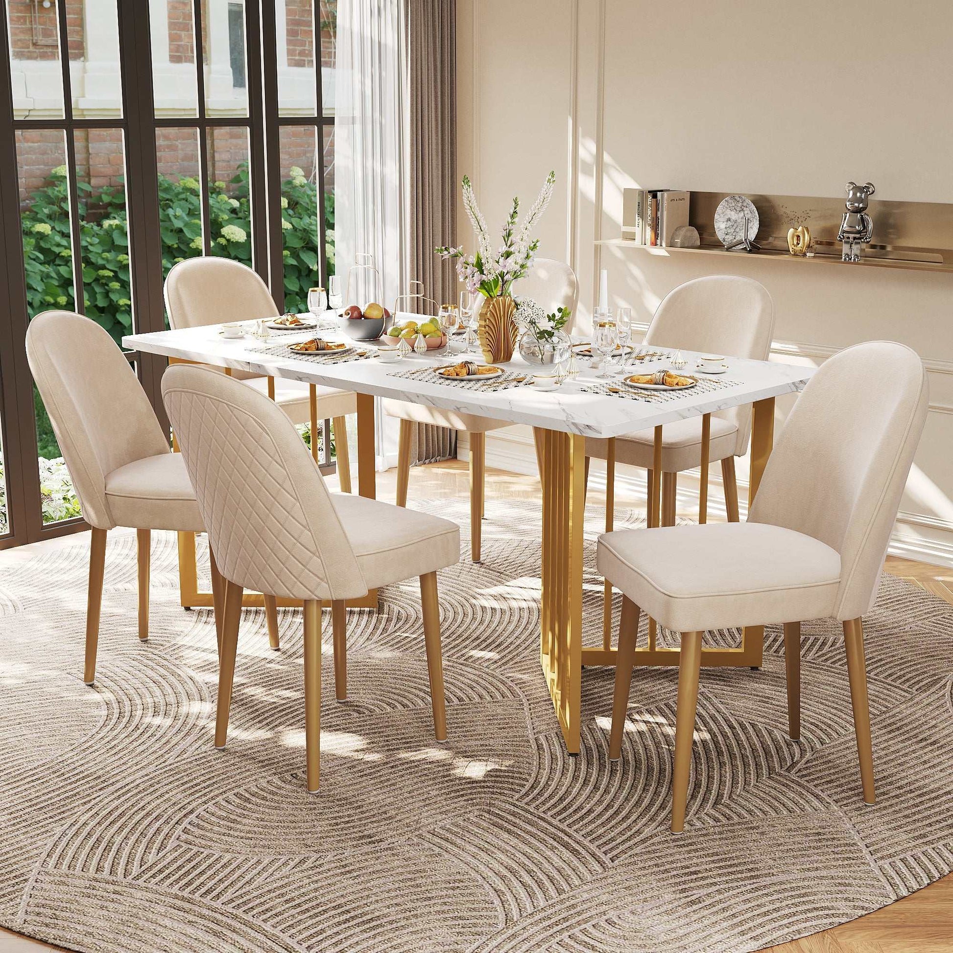Set of 6 beige velvet dining chairs with gold metal legs for elegant modern seating