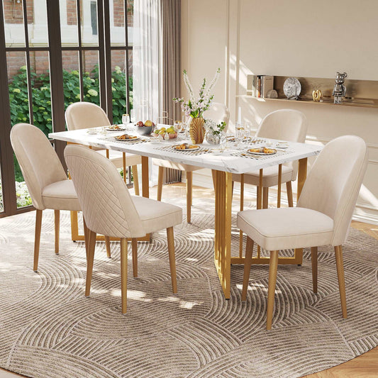 Set of 6 beige velvet dining chairs with gold metal legs for elegant modern seating